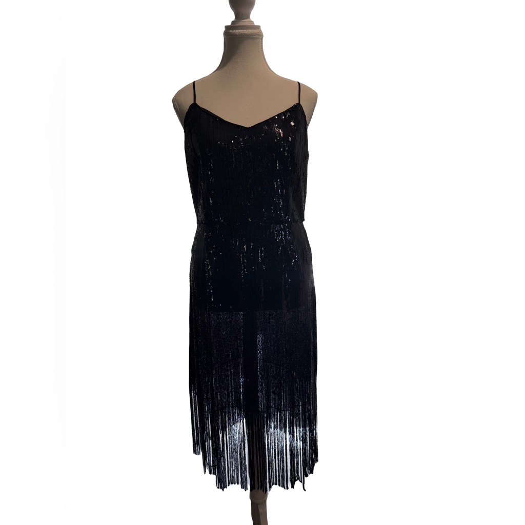 Laundry By Shelli Segal Black Spaghetti Strap Fringe Midi Dress